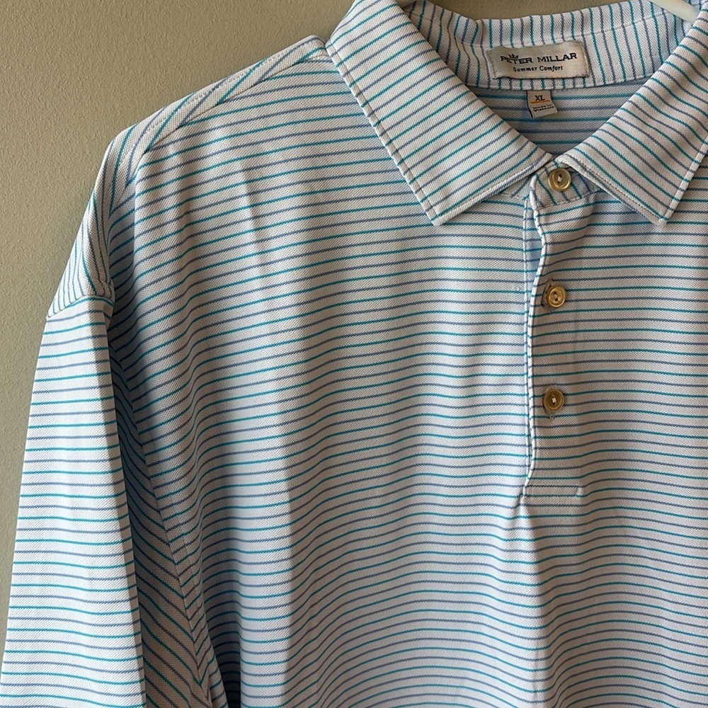 Peter Millar Light Blue Striped Polo Shirt XL - Picture 2 of 5